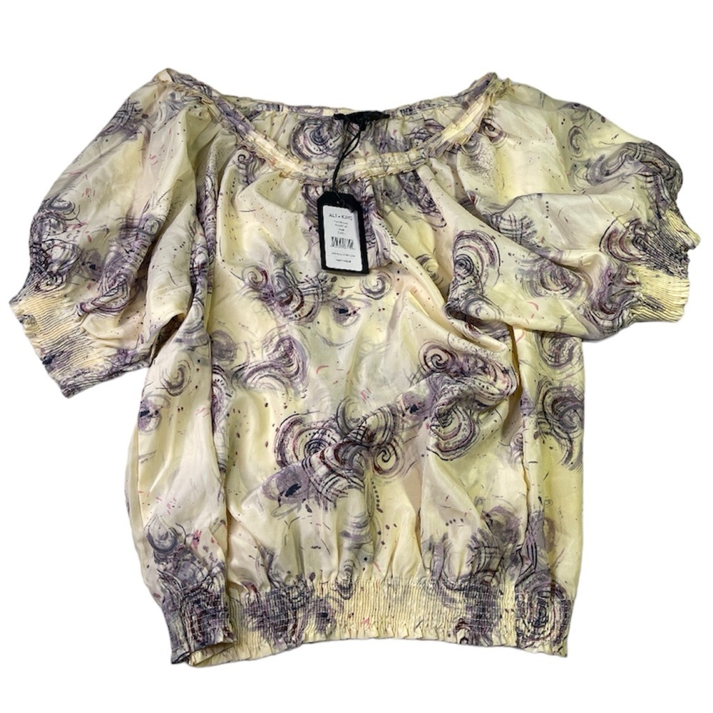 ALI + KRIS Blouse Women's Size Large Yellow Purple Elastic Floral Print Crop Top